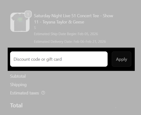 NBCUniversal shop checkout, highlighting the Discount code or gift card field. 